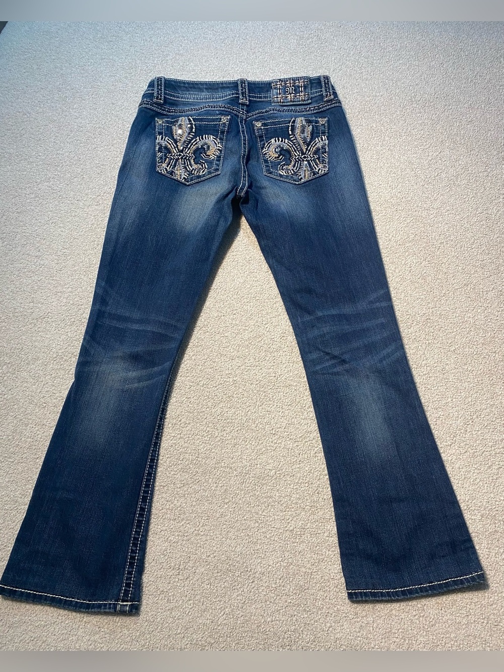 Miss Me Bootcut Jeans Women 29 Dark Wash Mid Rise Fleur De Lis Embellished